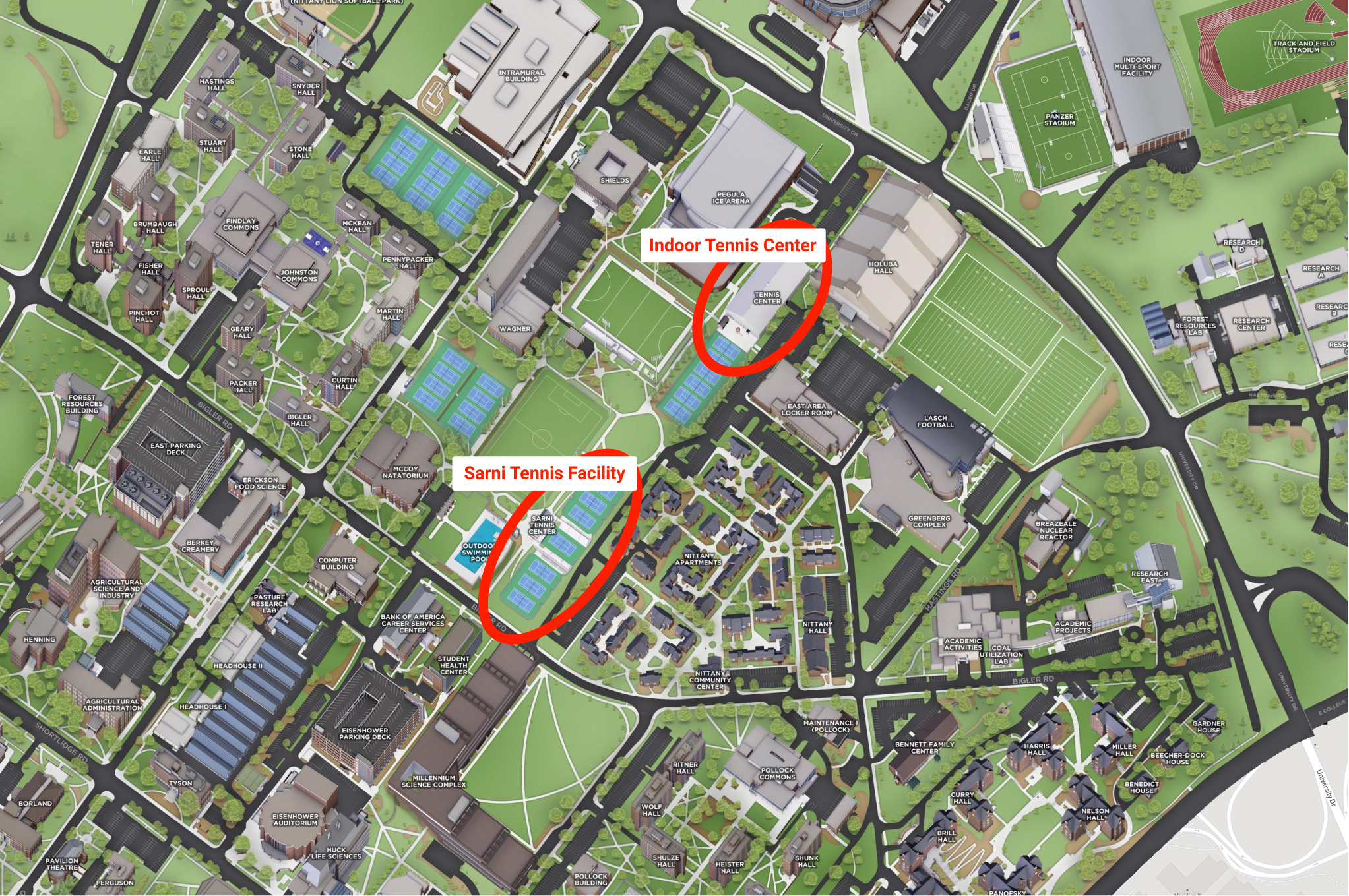 Map of tennis facilities at the Penn State University Park campus